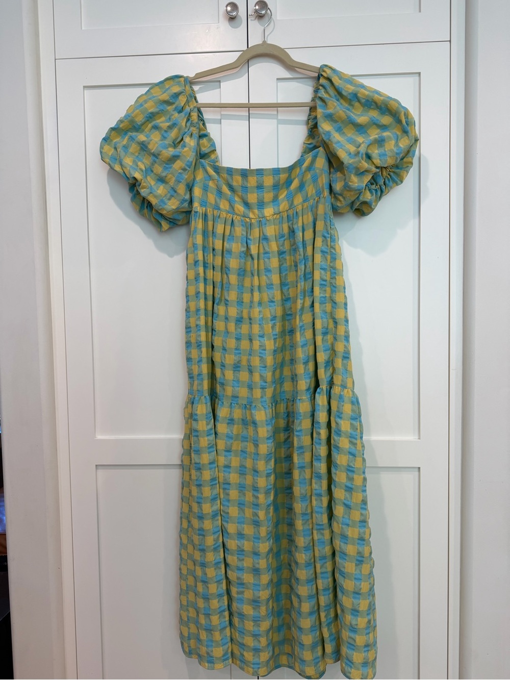 Zara Yellow and Teal Gingham Puff-Sleeve Maxi Dress